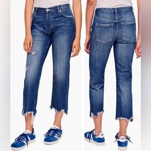 We The Free Maggie Cropped Straight Leg Distressed Raw Hem Denim Jeans Blue 28